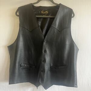 Scully Mens Black Leather Snap Vest Size 46 V Neck Sleeveless Biker Baddie Ranch